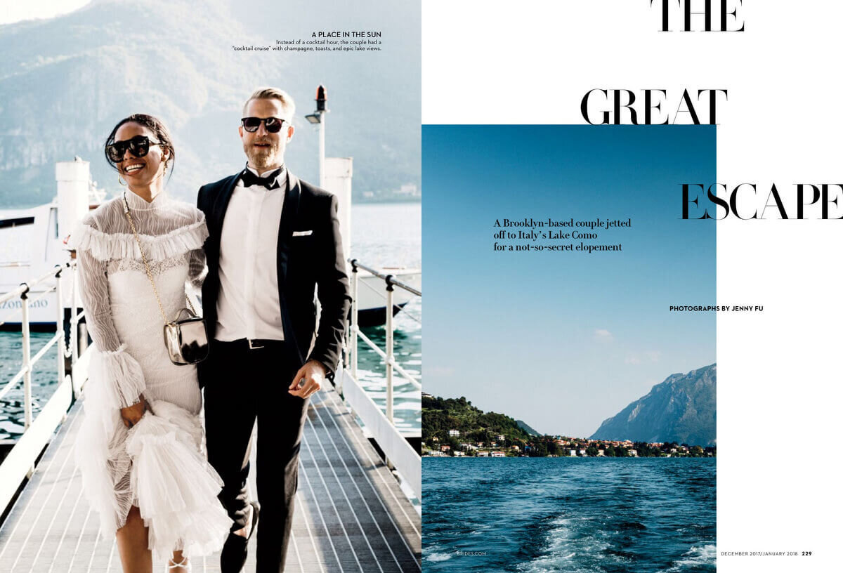 The bride and the groom walking on a dock and an image of Lake Como on the side. Brides Magazine image by Jenny Fu Studio