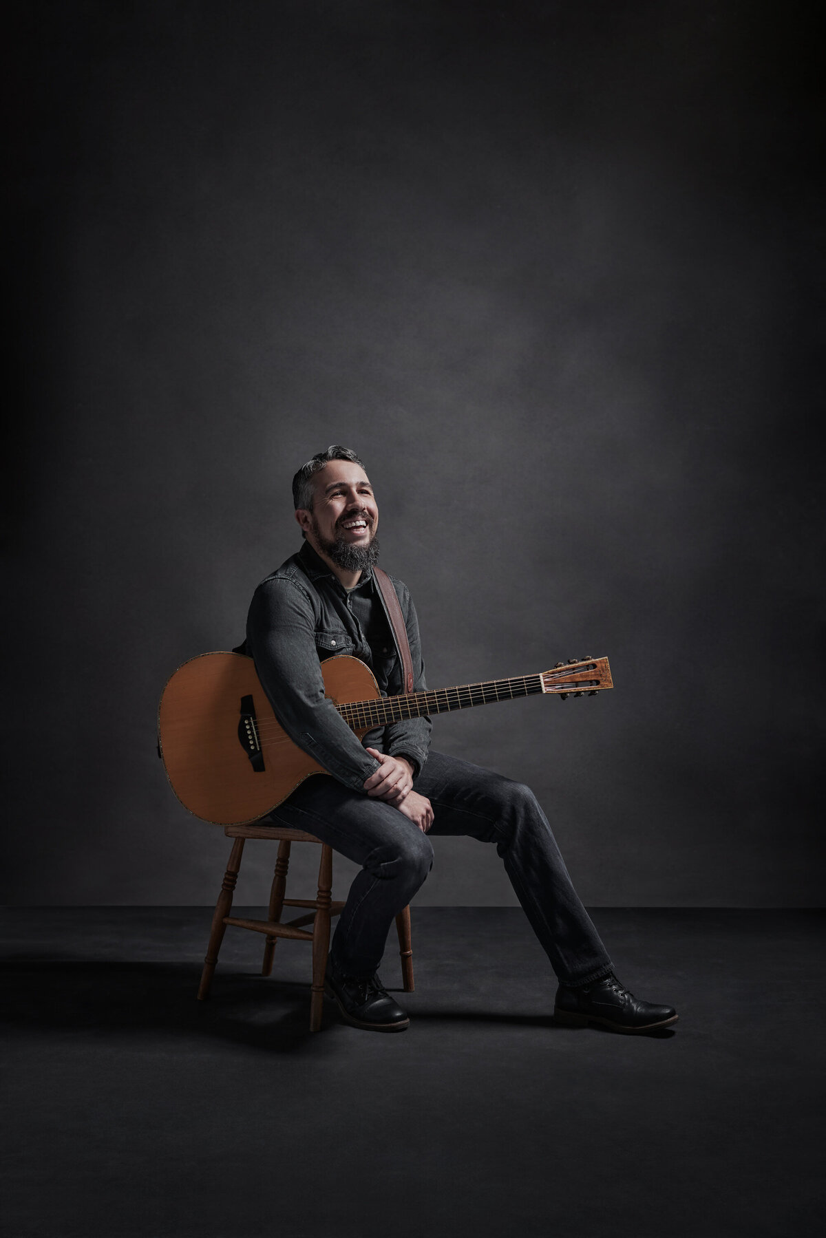 A person sitting in a chair holding a guitar