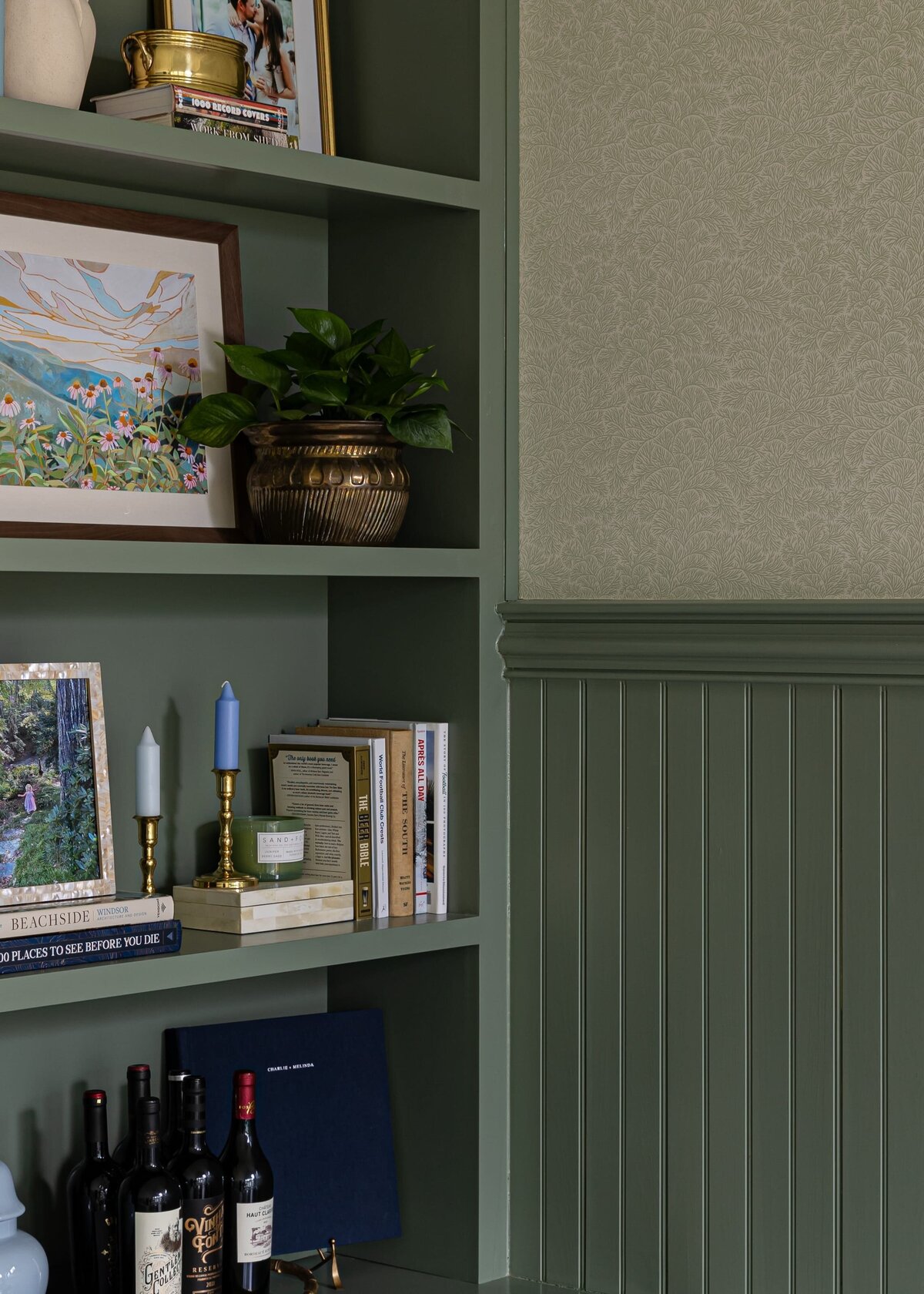 melinda chesson interiors carriage house styled shlves with picture frame