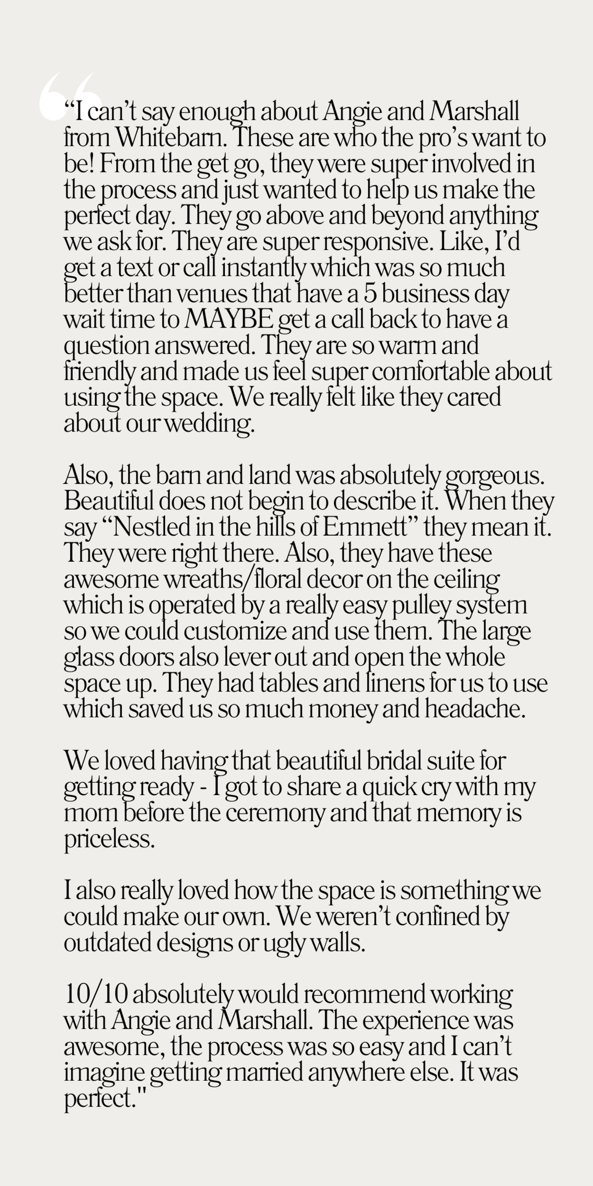 A 5 paragraph testimonial about how awesome White Barn Weddings is.