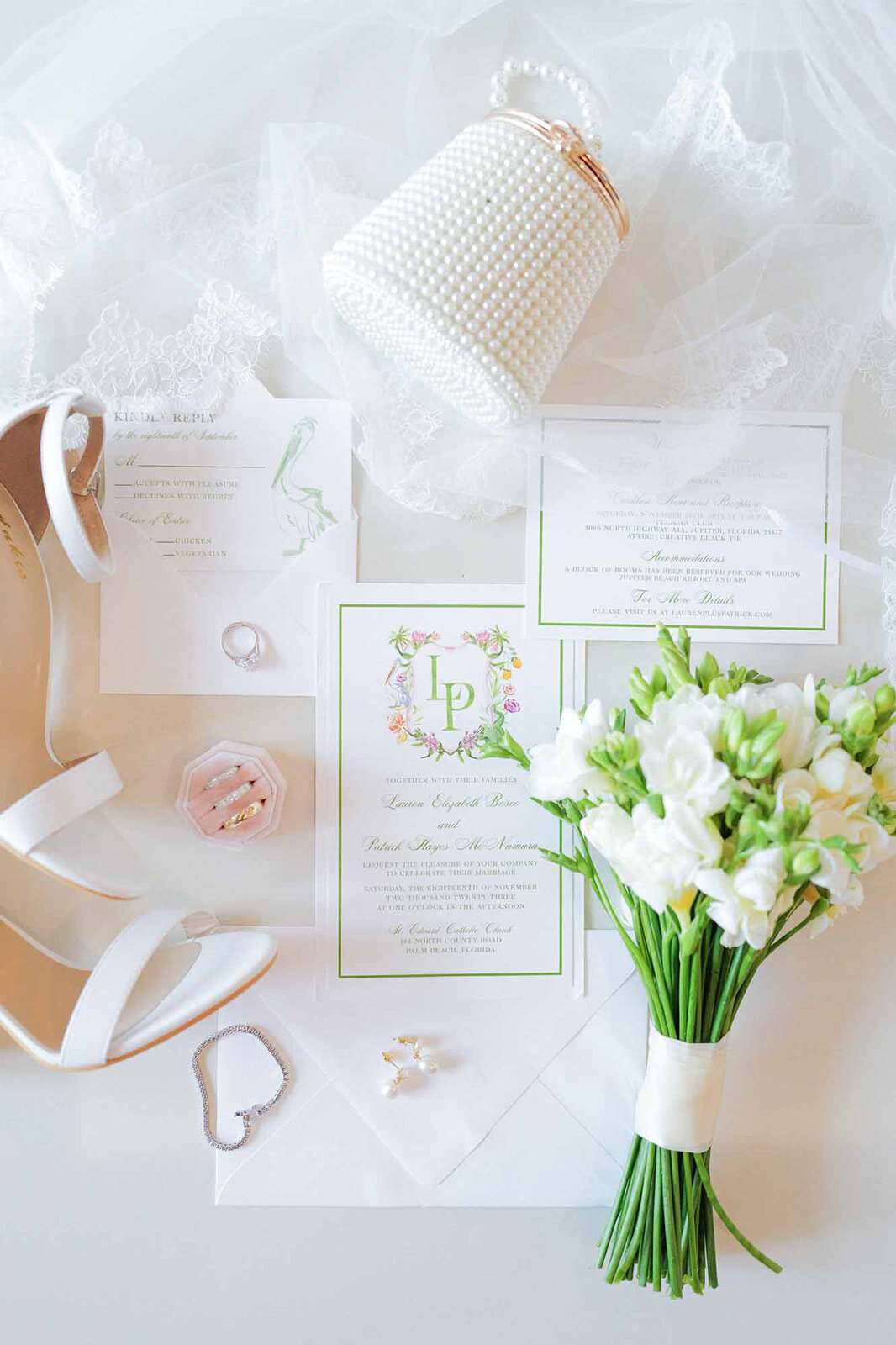white pink and green wedding invitation suite palm beach wedding lilly of the valley bouquet