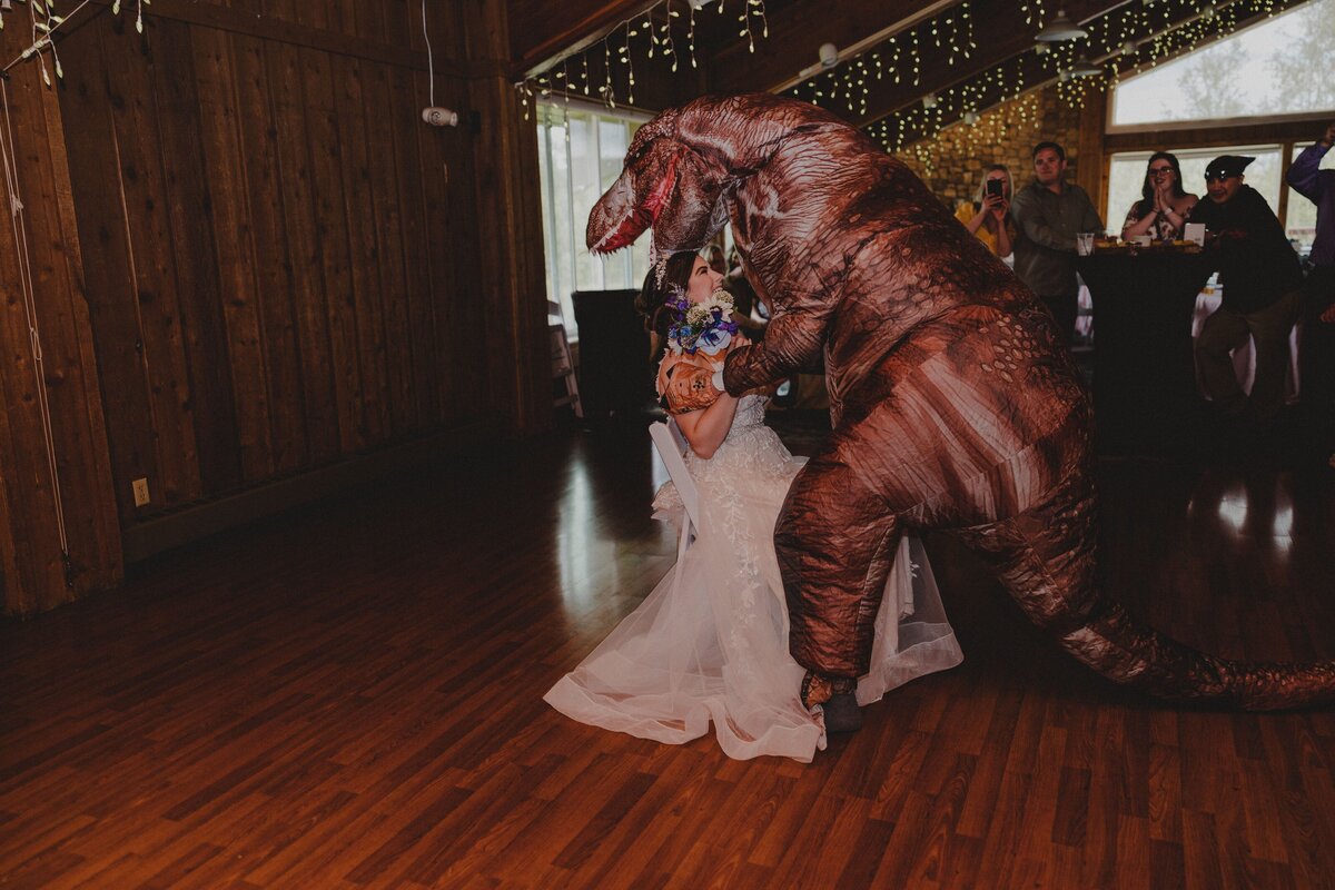 The groom dressed up in his dinosaur costume and gives his wife a lap dance