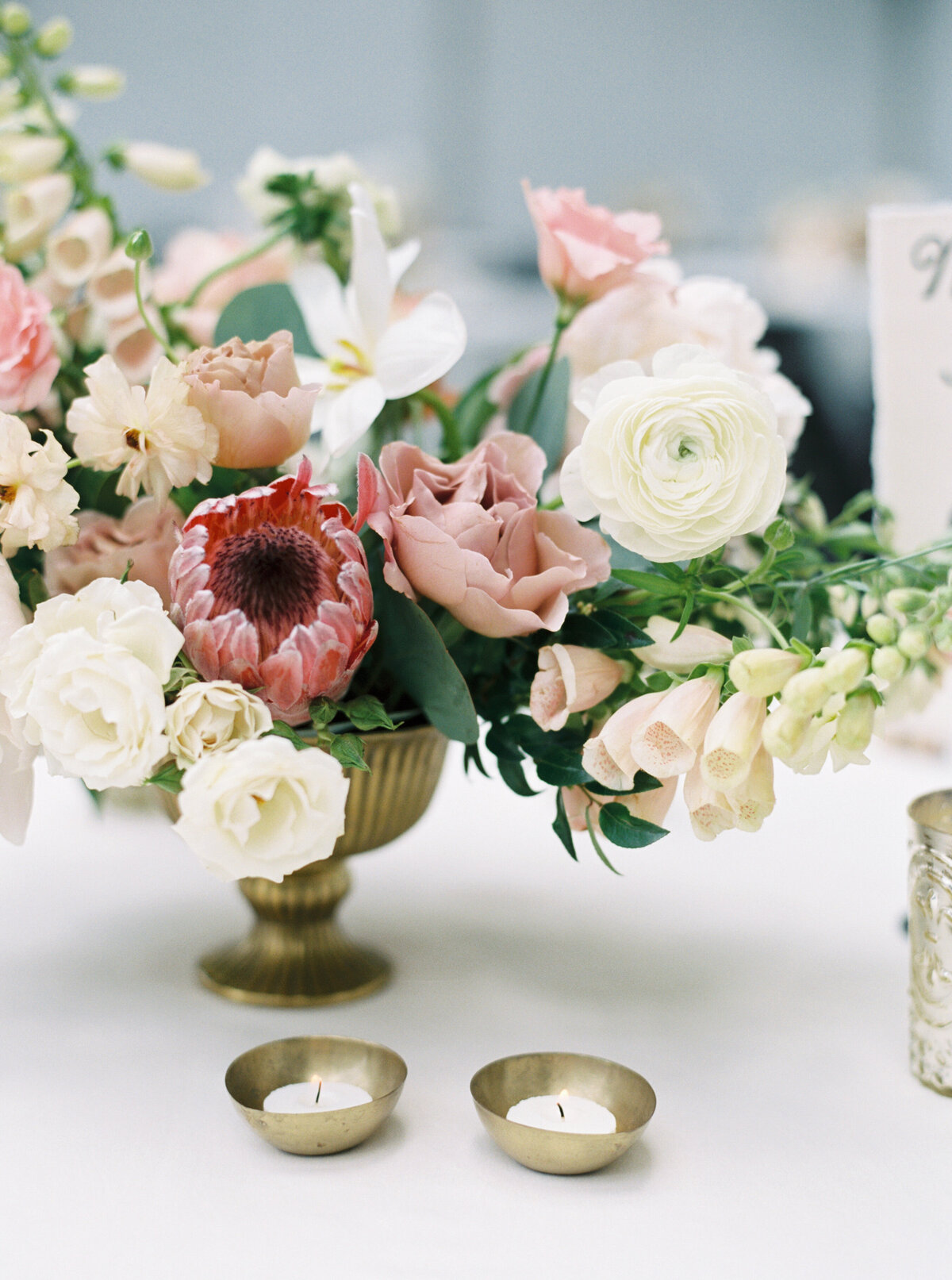 blush and white floral centerpiece, gold compote, studio fleurette, mn florist
