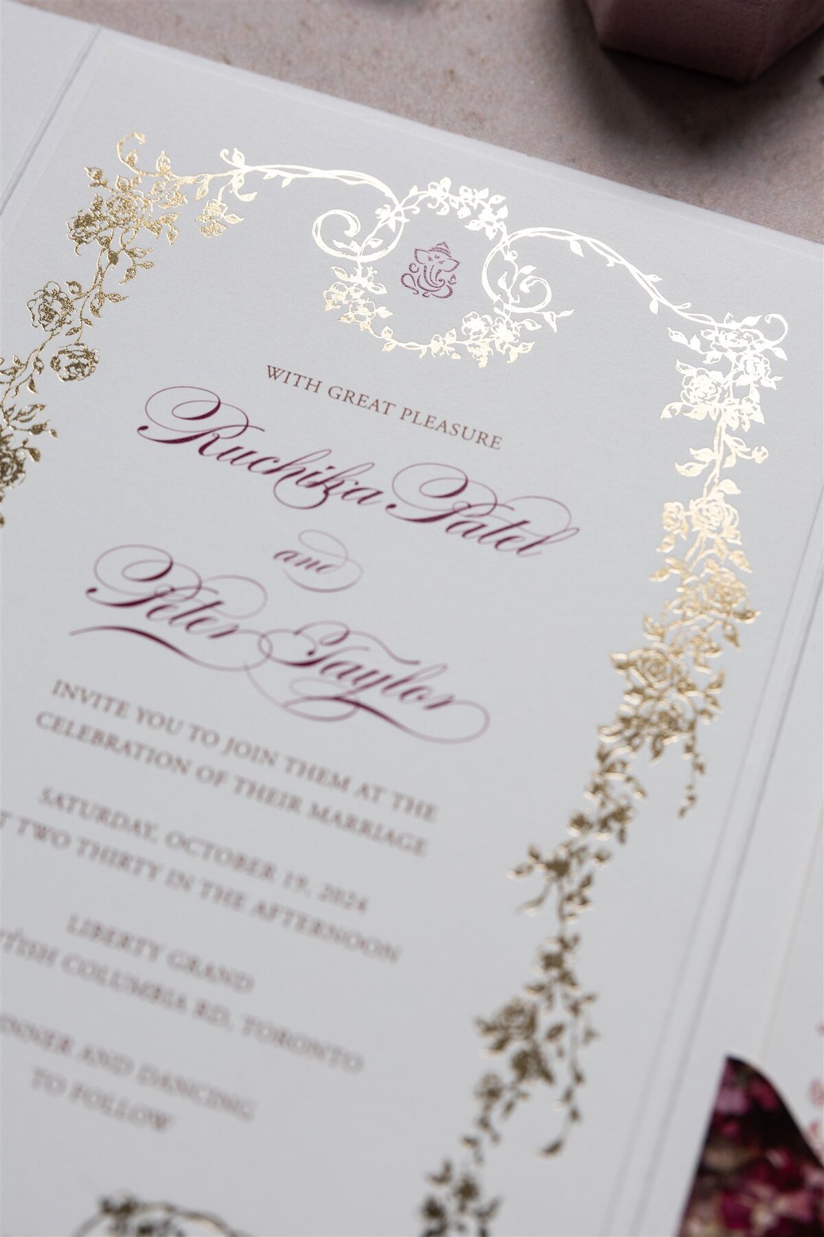 G Designers Burgundy Gold Foil Wedding Invitation 10