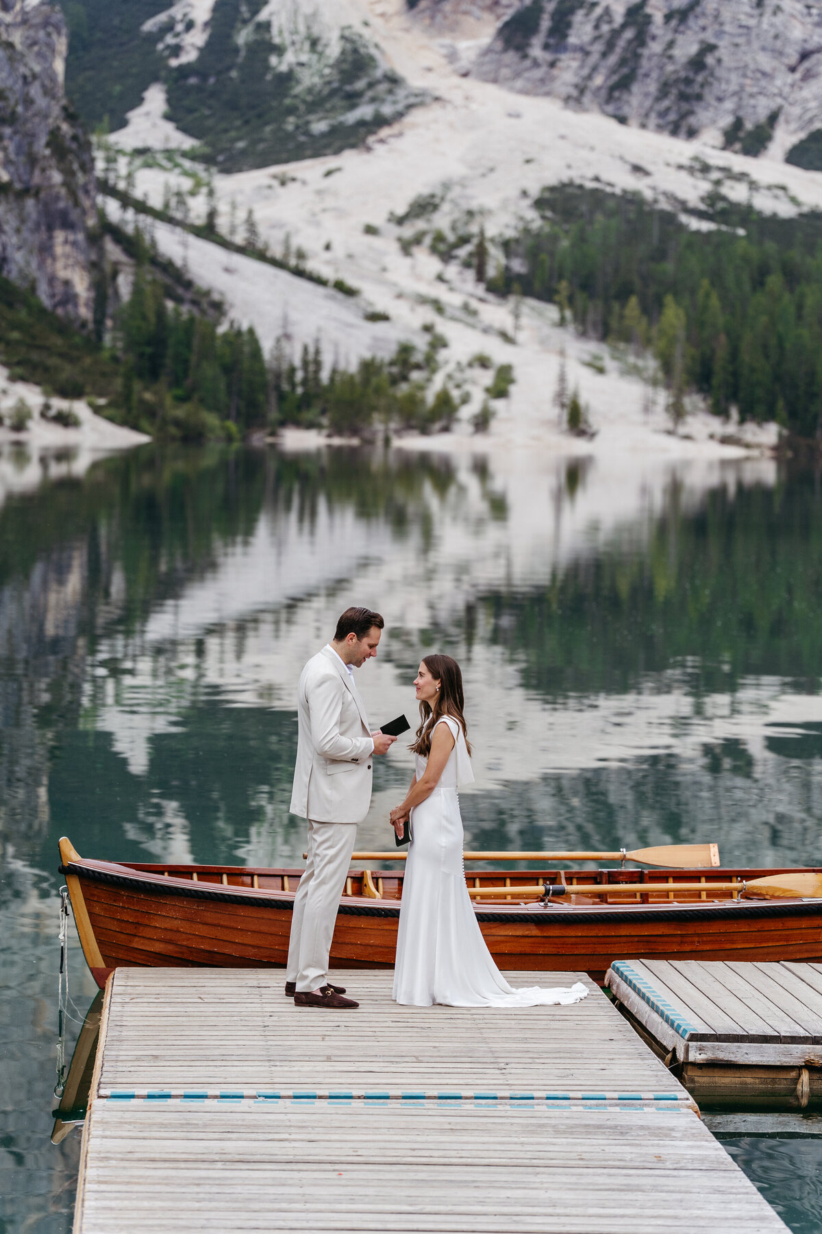 sweet couple romantic dolomites lake Braies elopement