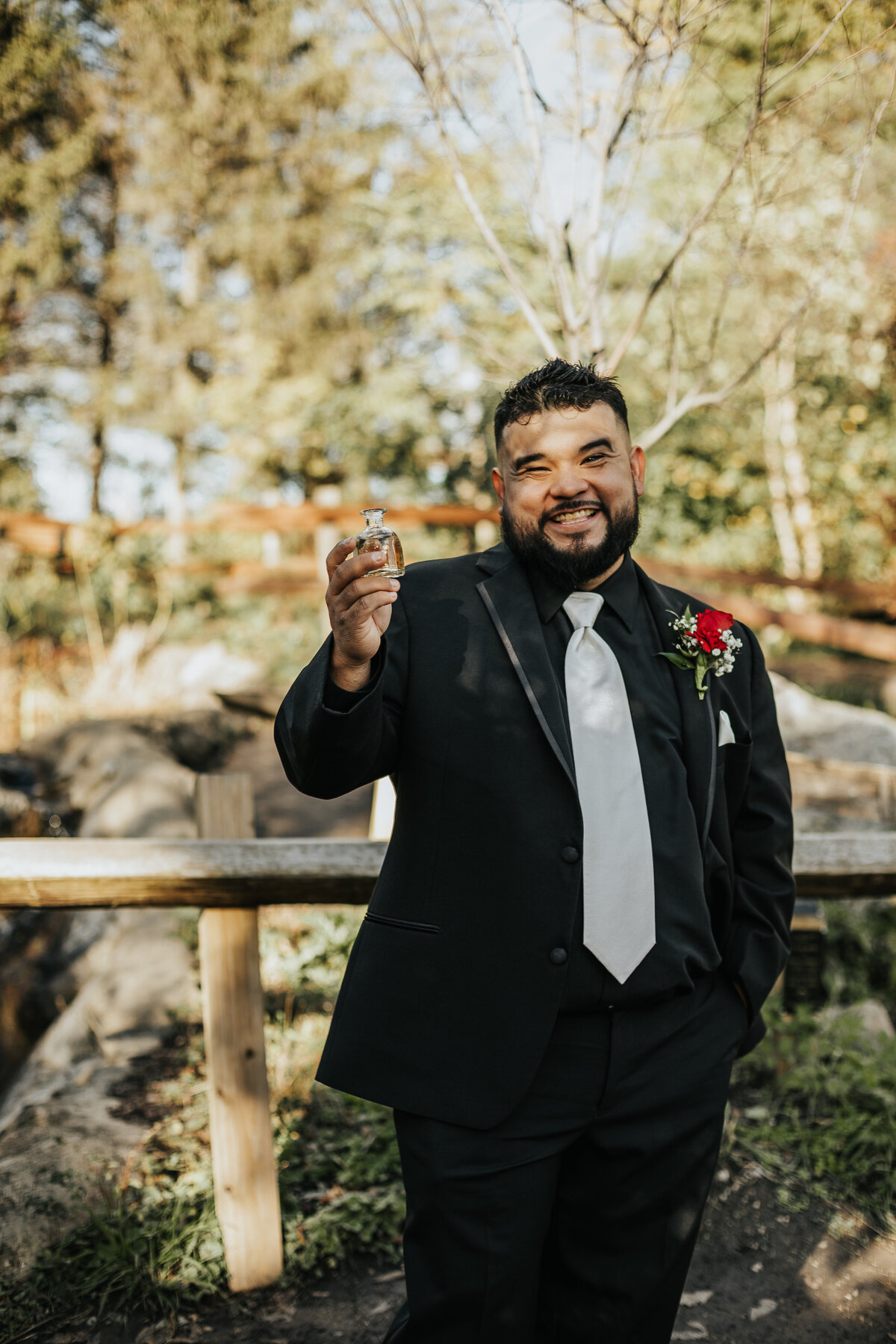 Halloween wedding groom at Lake Katherine in Palos Heights, IL