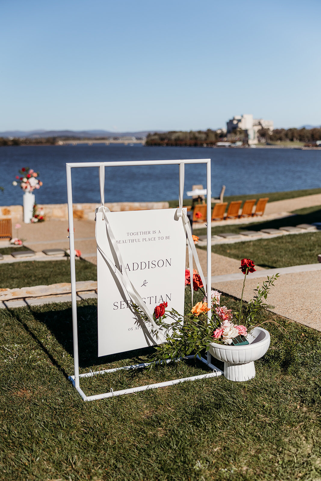 Wedding welcome sign set up at The Marion ceremony space by Lake Burley Griffin in Canberra