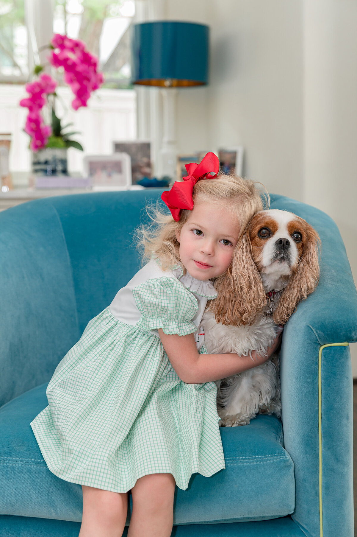 Young girl cuddled in a blue velvet chair with her puppy in a luxury highland park home.