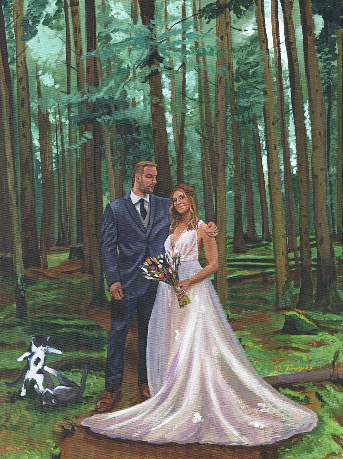 Bride and groom in woods