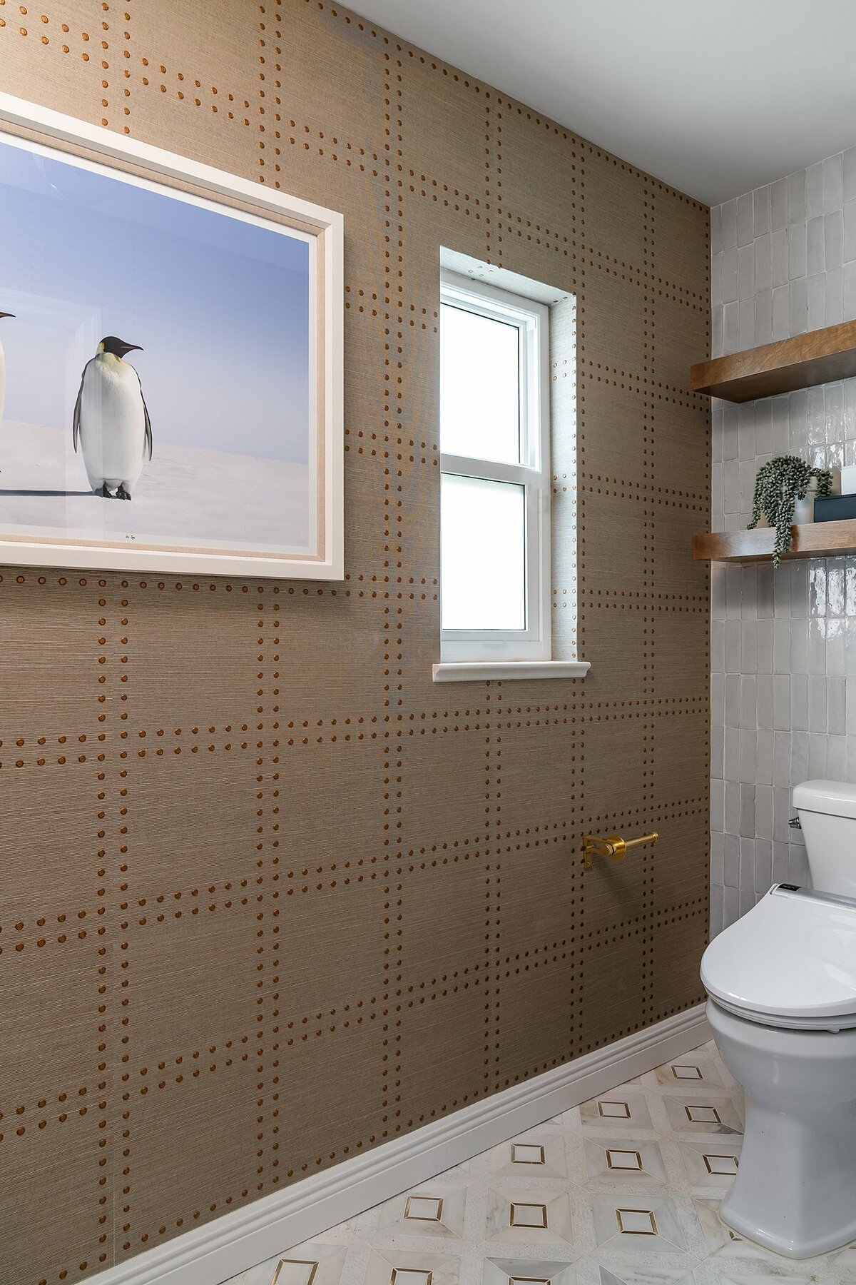 coastal luxury home Master Bathroom wallpaper watercloset full service interior design by Island Home Interiors Lake Nona