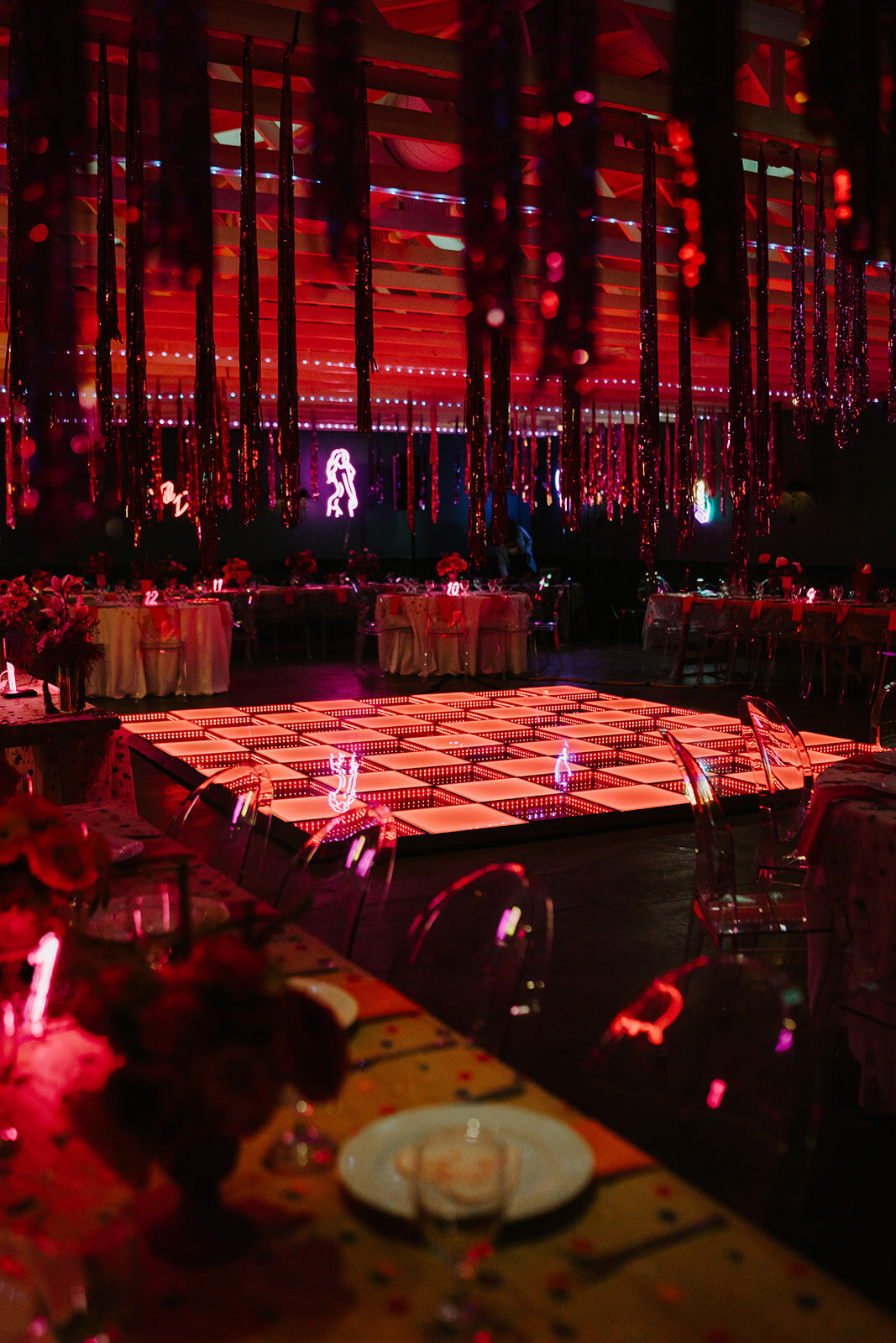 LED dance floor at the Fig House with tinsel 