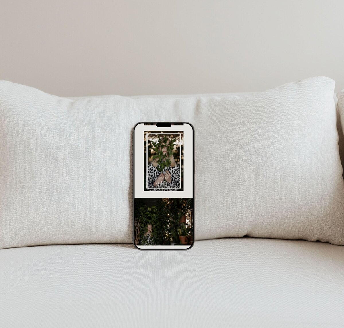 Maison Celeste luxury mobile ShowIt template mockup on iPhone with warm minimal background — high‑end creative site design.