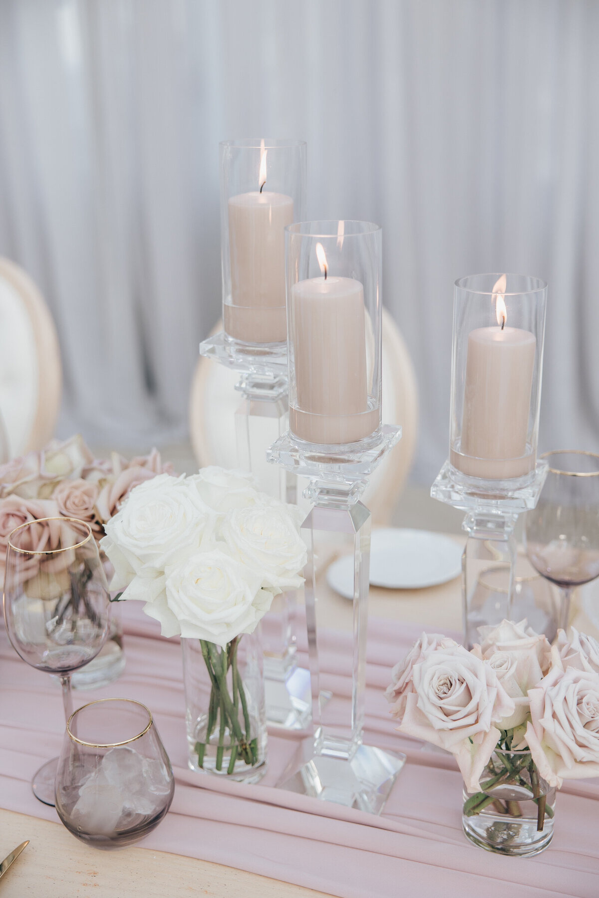Luxurious crystal candlesticks for lavender and ivory wedding at Twelfth Night Events
