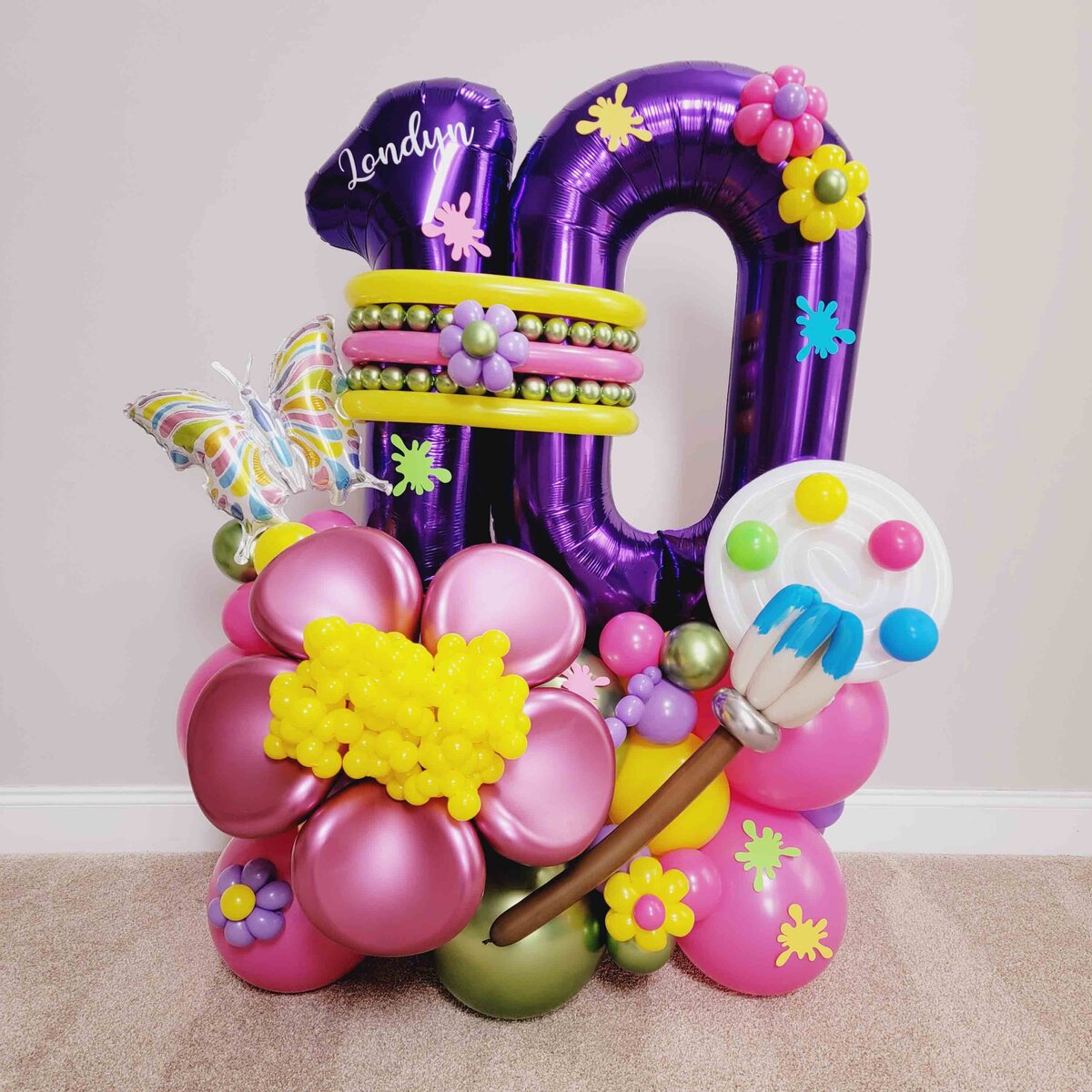 Premium Balloon Bouquet, featuring a whimsical combination of butterfly, pink flower, and paintbrush themes. The enchantment of expertly crafted balloon artistry, creating a memorable and magical atmosphere.