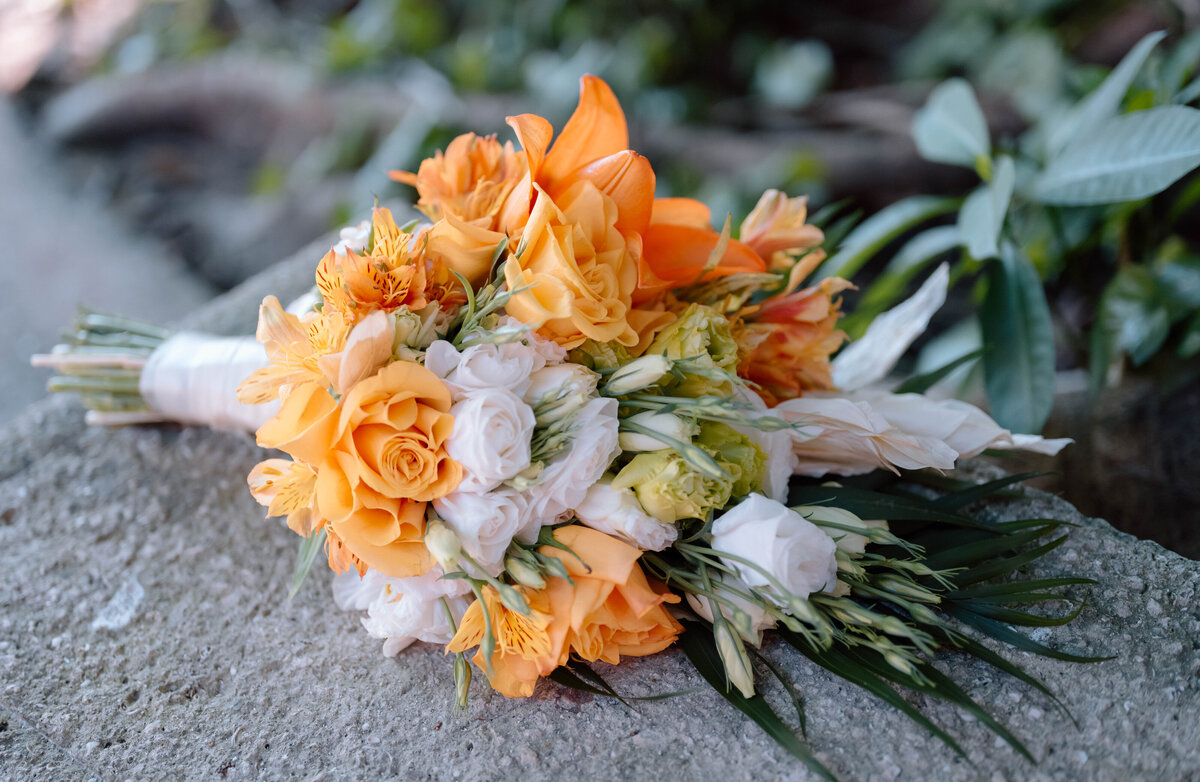 orange and white tropical wedding flowers in Cozumel