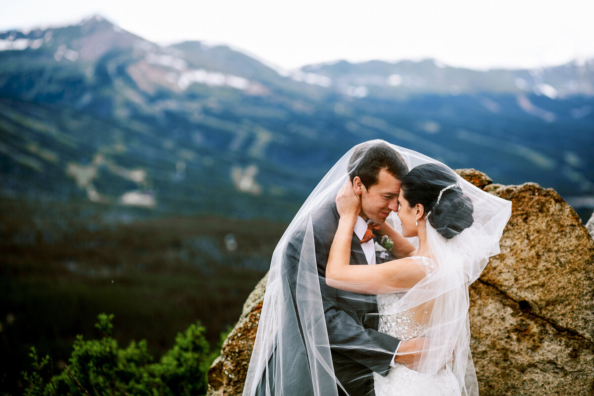 Breckenridge bride and groom wrapped up in a veil