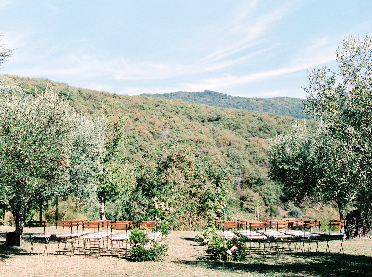 Film photograph of Wedding ceremony in the mountains of Tuscany photographed by Italy wedding photographer at Villa Montanare Tuscany wedding