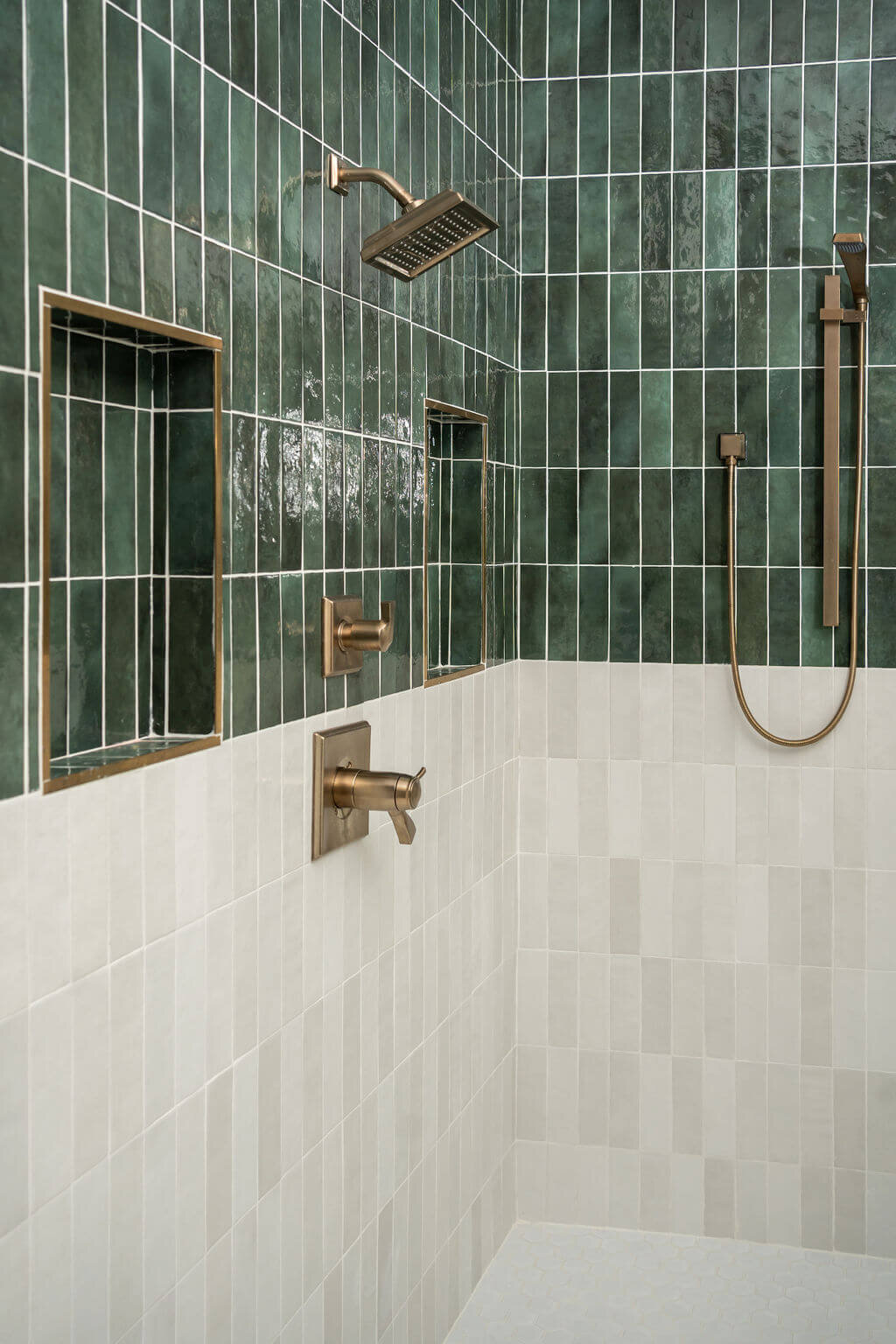 sweet southern home mid mod green tiled shower in bathroom