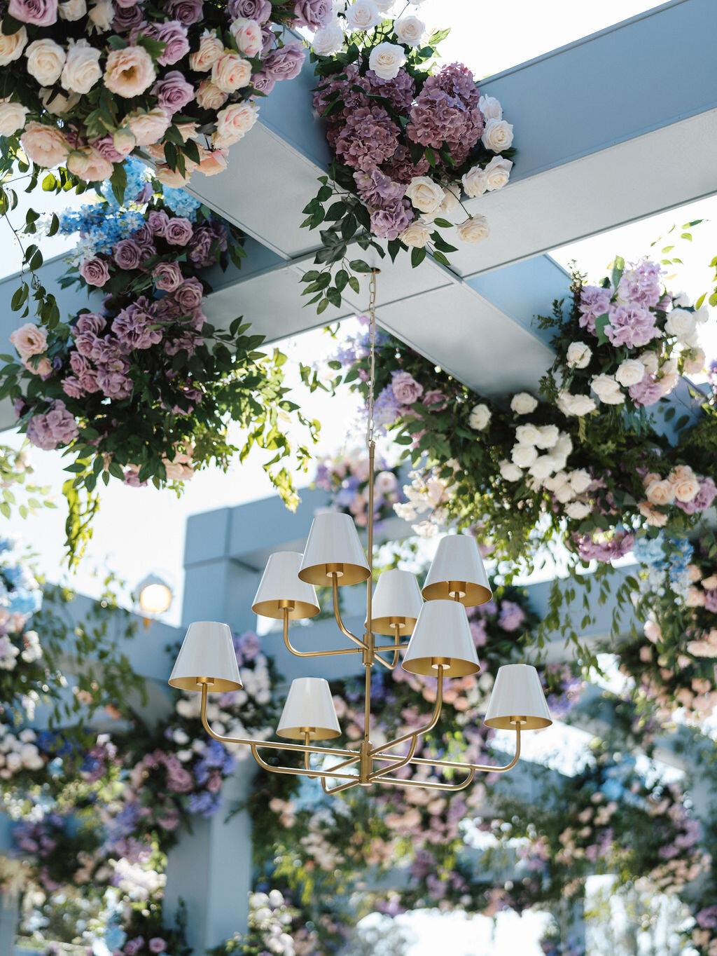 A destination luxury wedding planned by Michel B. Events for this Ojai Valley Inn Farmhouse wedding.  Bella Vista Designs created the custom truss structure.