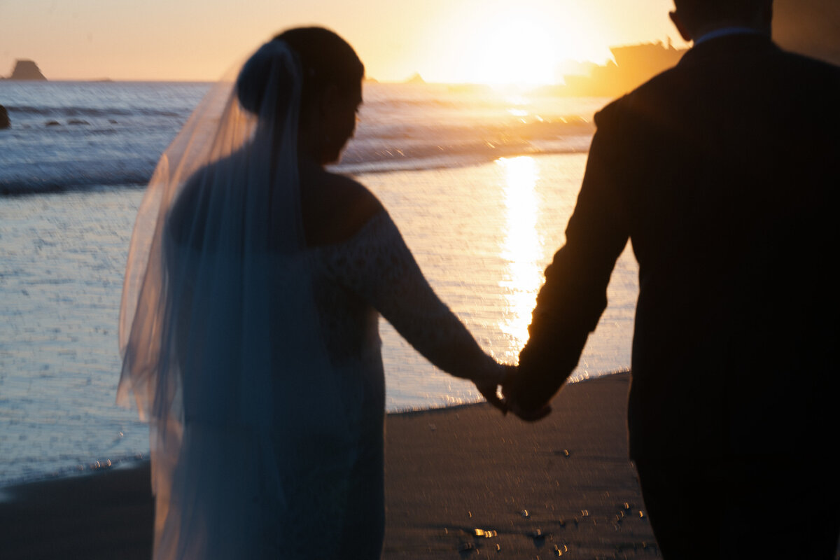 Bride and groom holding hands at sunset, at Redwoods Forest