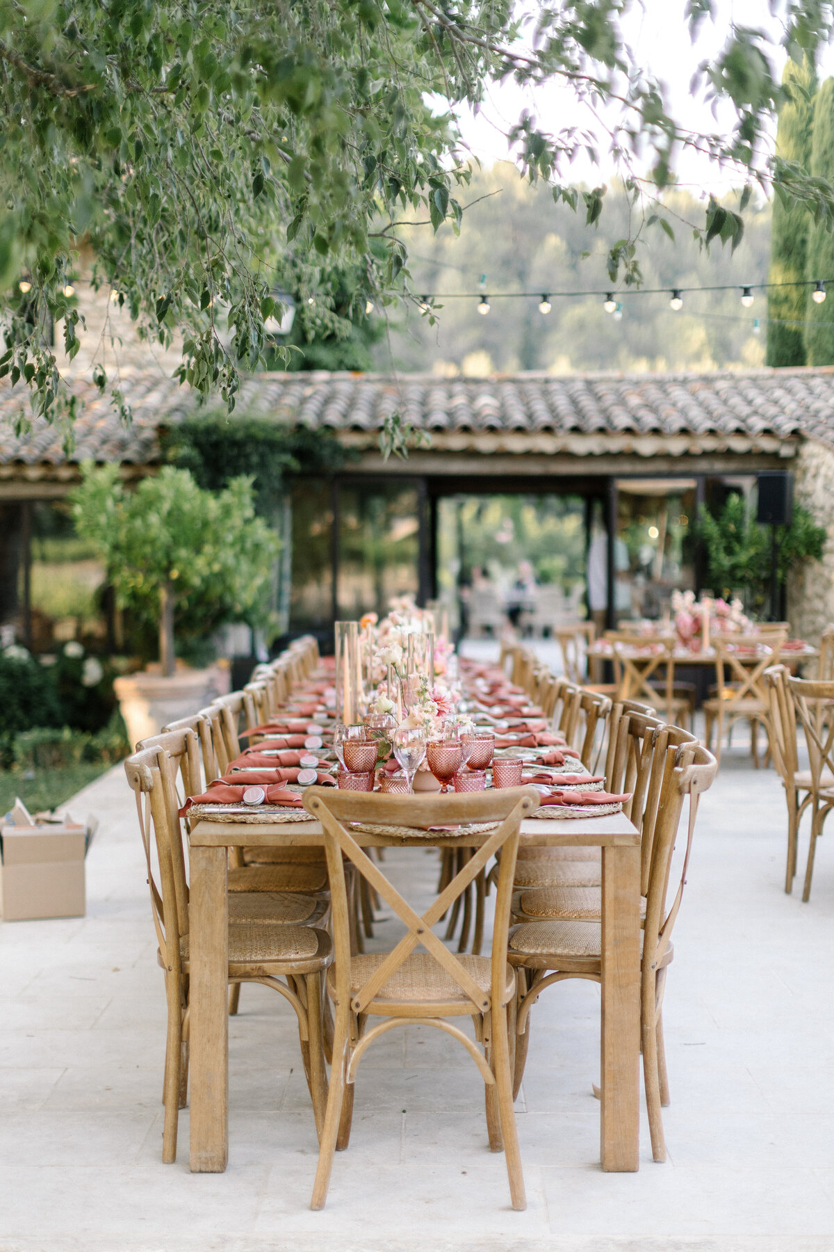 Provence Wedding reception table in garden of Bastide de Marie