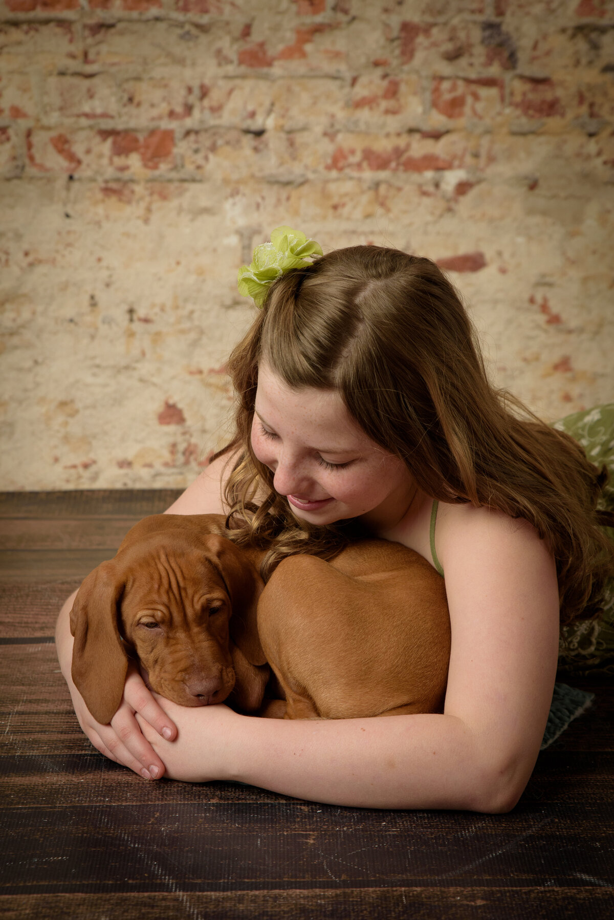 Beautiful young girl wearing a green dress holding her Vizsla puppy in front of a brick background at my home studio near Green Bay, Wisconsin.