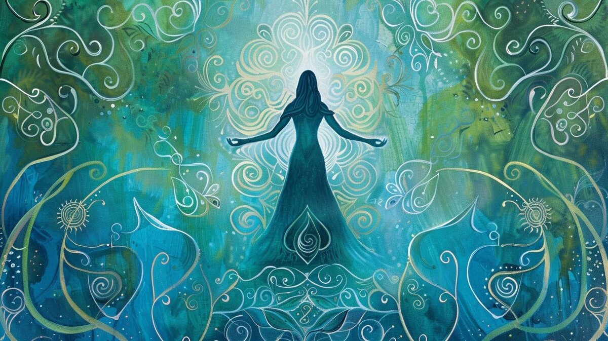 blue green etherial design with woman silhouette