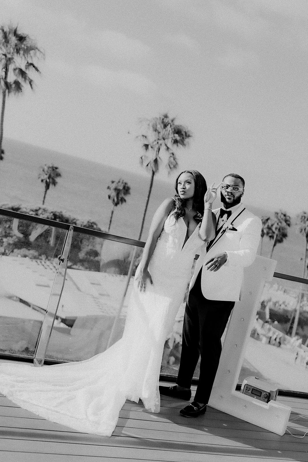 Black and white image of bride and groom at their San Diego wedding