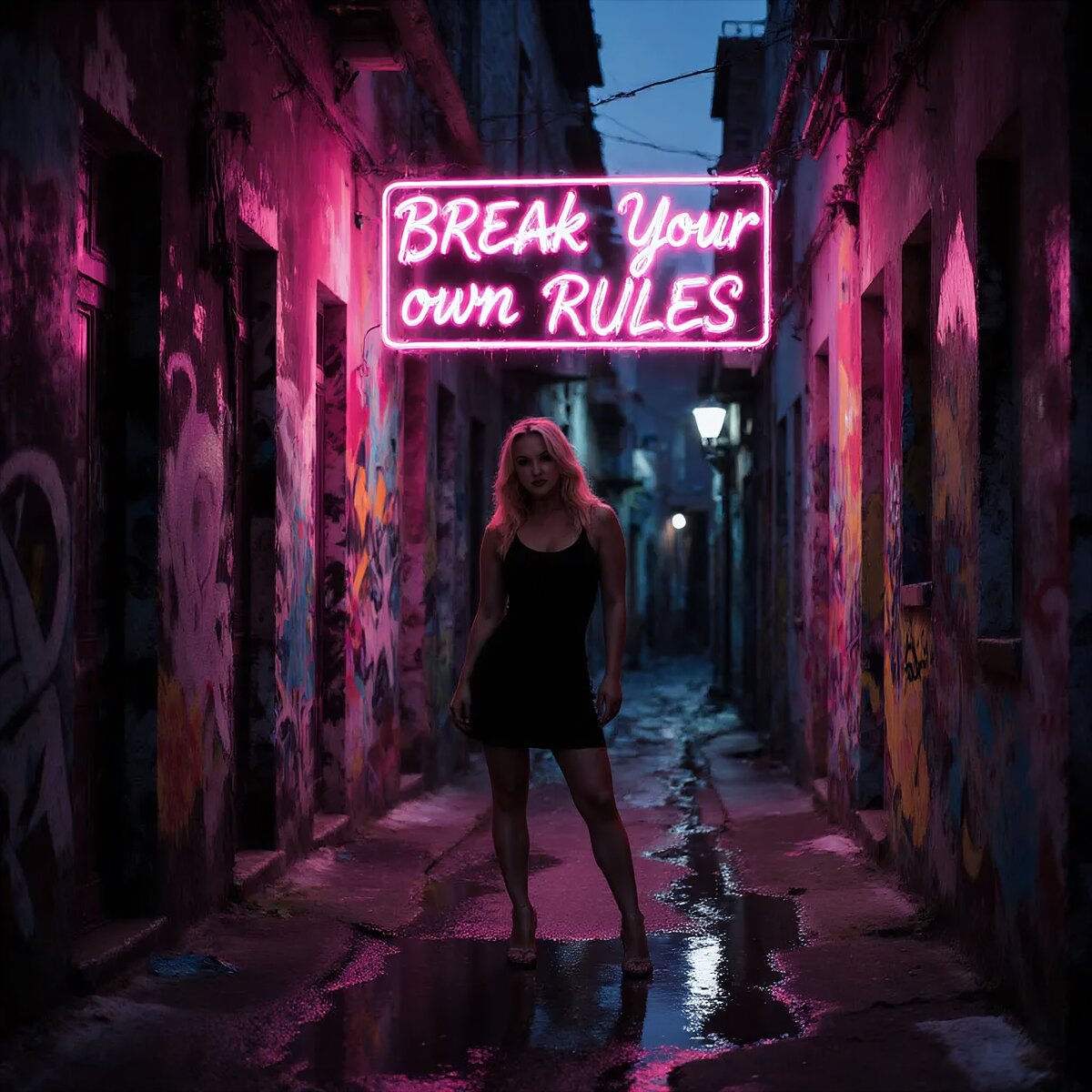 Buffy posing under the glow of a pink neon sign in artsy alleyway. The sign reads "Break Your Own Rules".