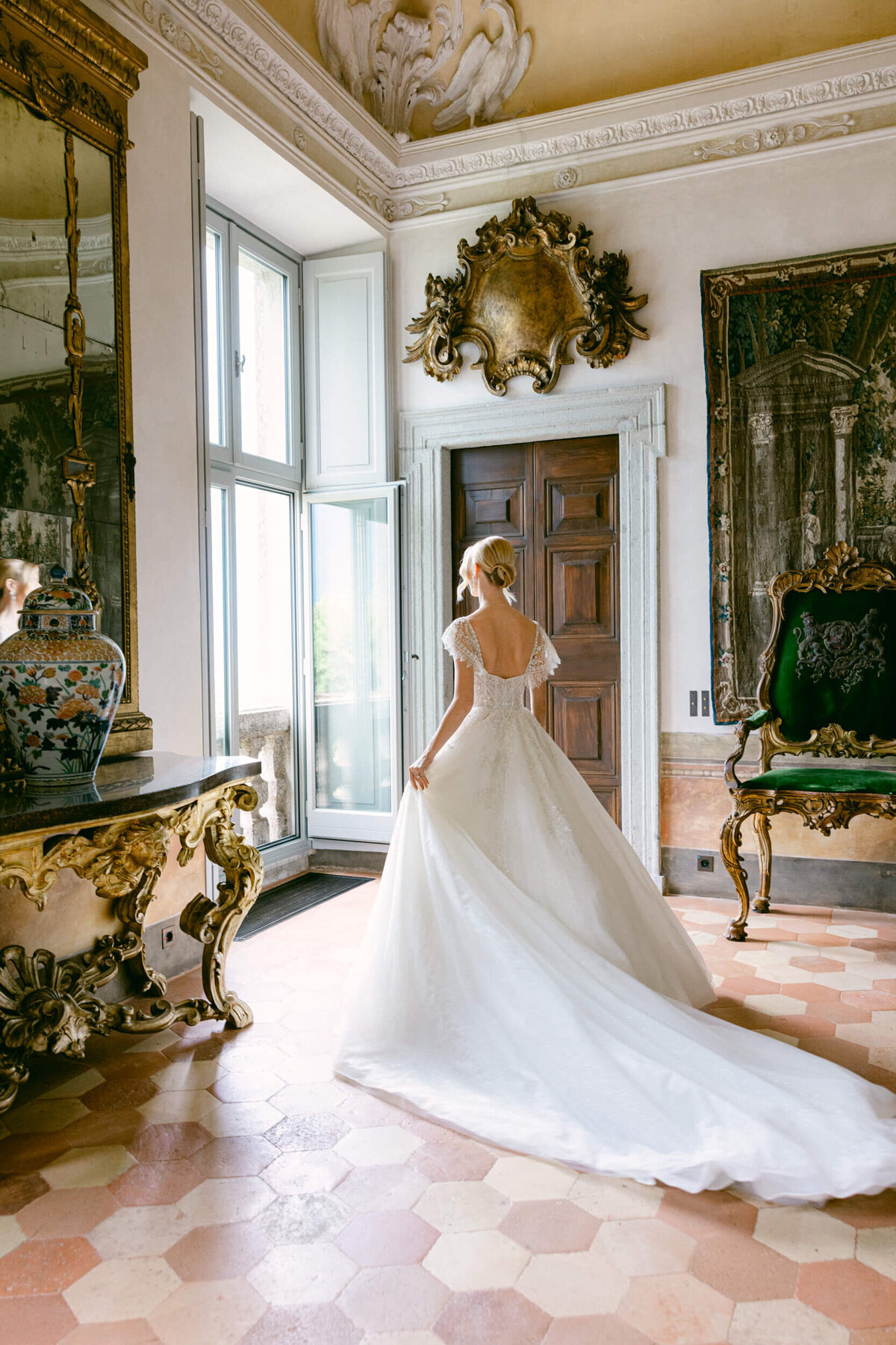 A wedding photo of a bride at Villa Balbiano on Lake Como in Italy