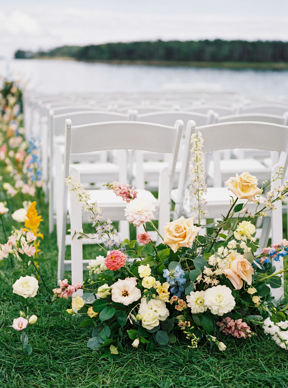 Wedding ceremony chairs and florals at Oak Island Resort Wedding, Nova Scotia