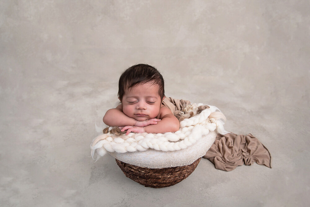 newborn boy in a bucket for his Hamilton photography session.