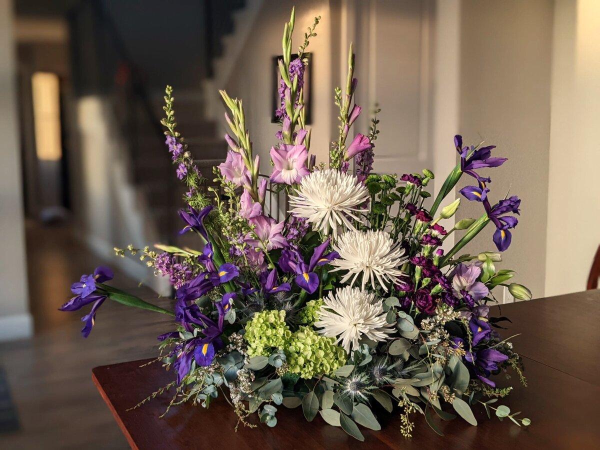 funeral and sympathy floral individual arrangement purple