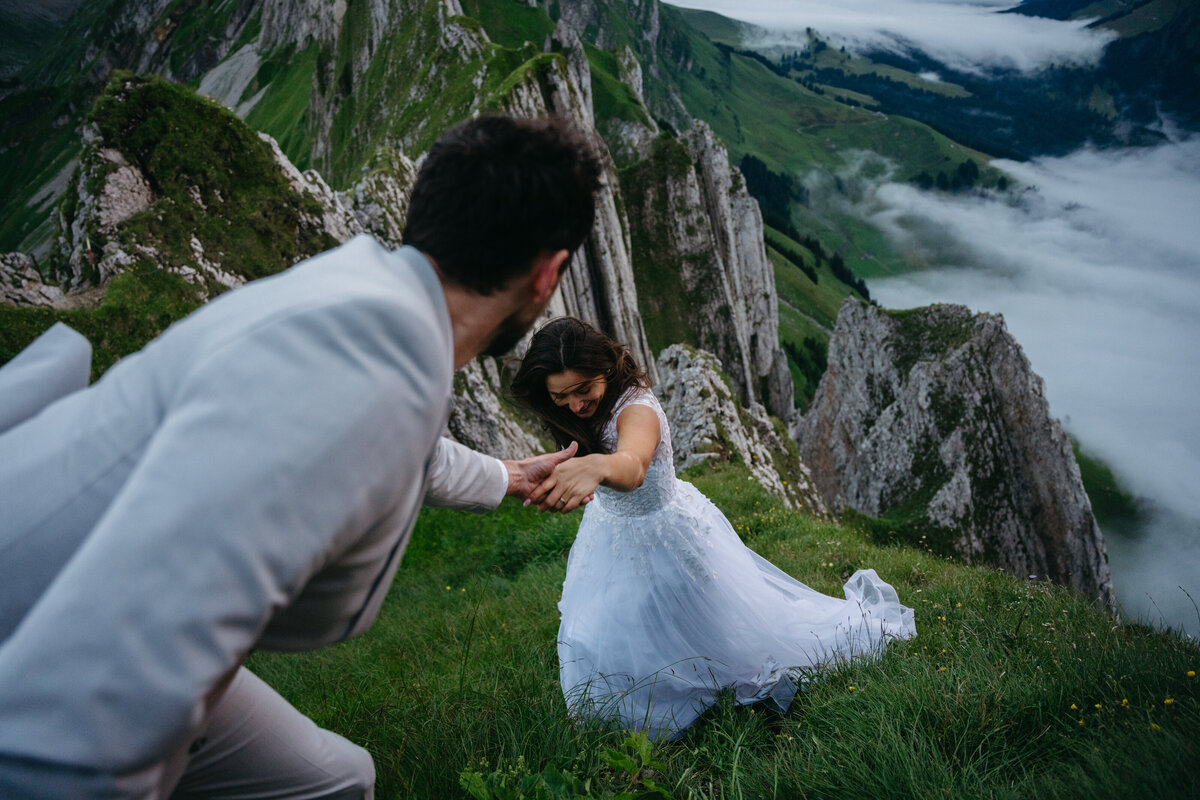 Just after sunset with bride and groom in mountains