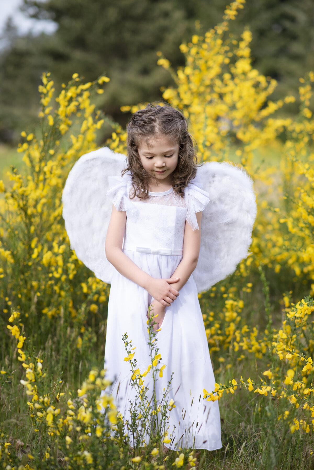 Angel in field of yellow flowers