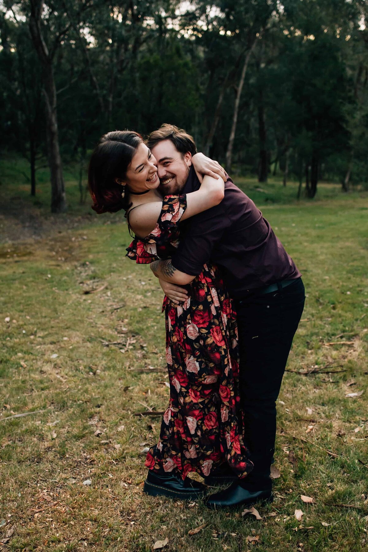 Couple leaning over and hugging and laughing at couple photography photo session Melbourne, And So I Don't Forget Photography