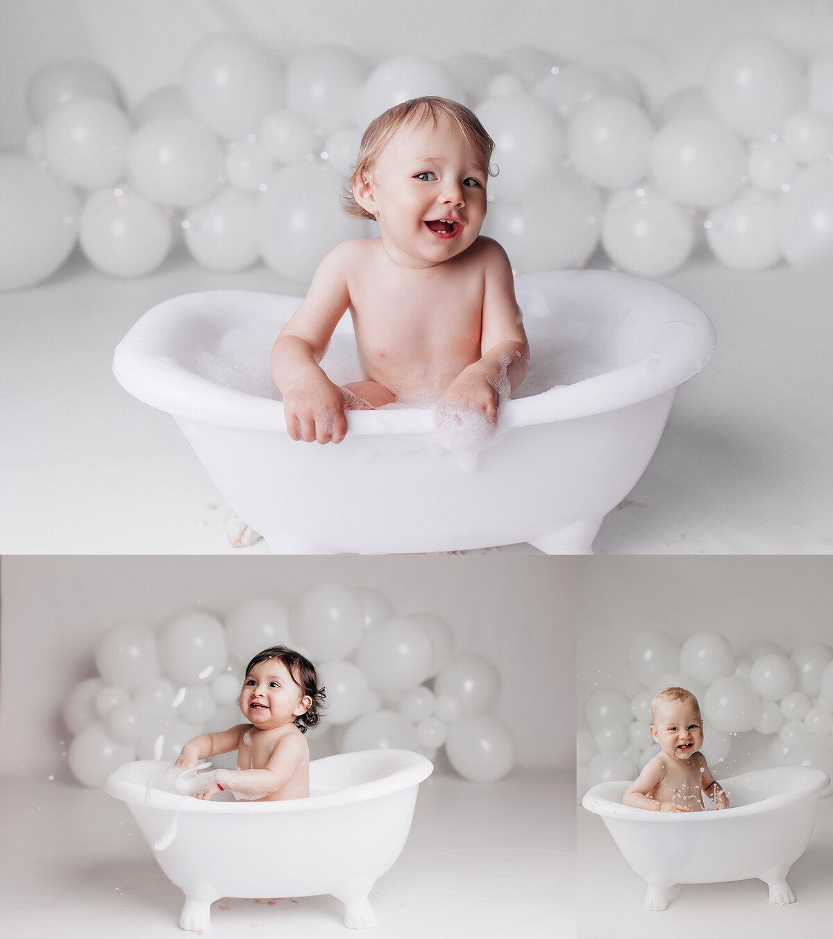 Close-up of baby hand playing with bubbles during milestone session