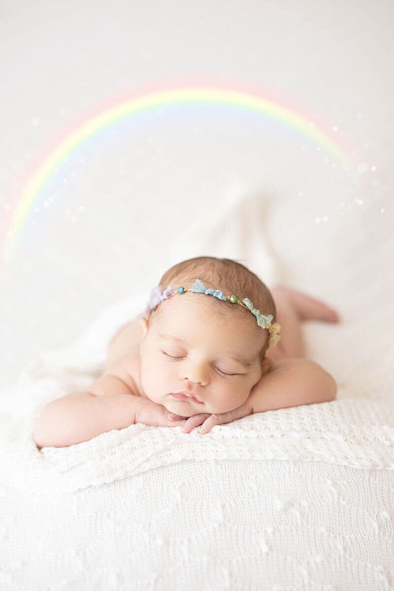 A baby is posed on a white blanket in a Vancouver Photography Studio