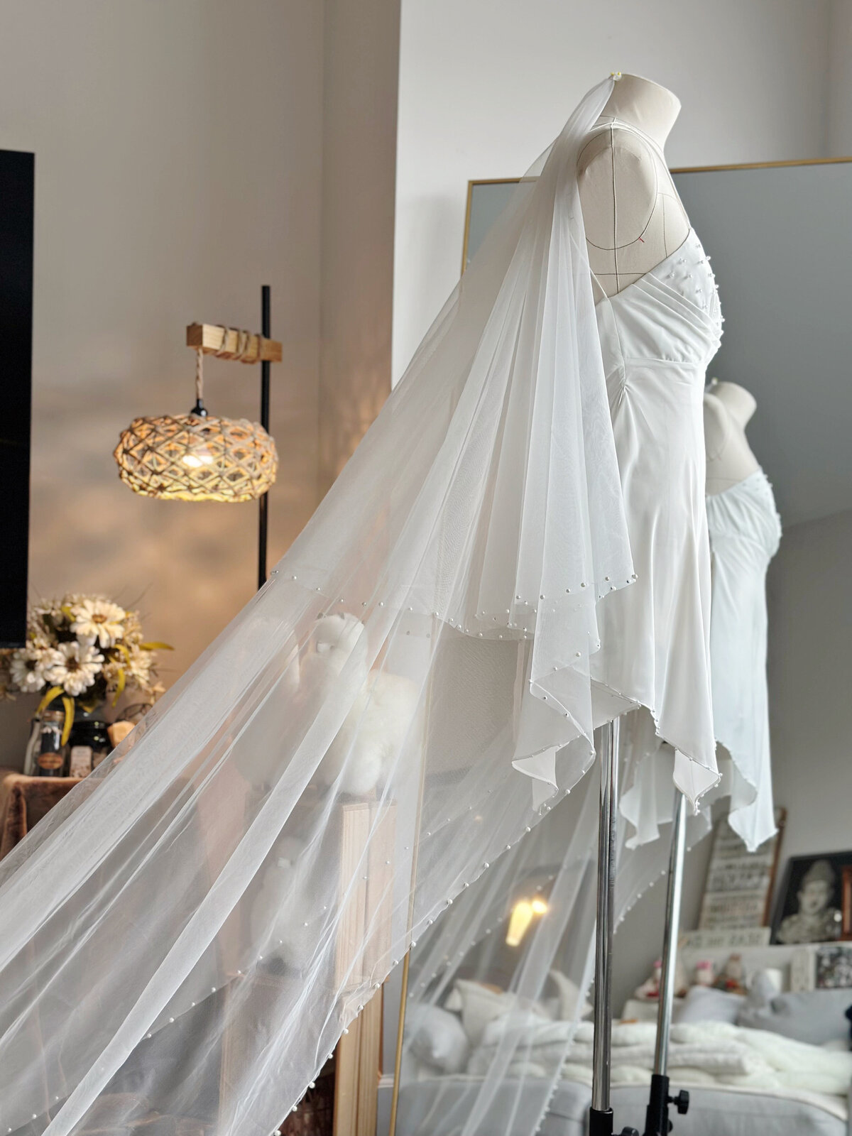 Blusher veil with full lace border and delicate pearl accents
