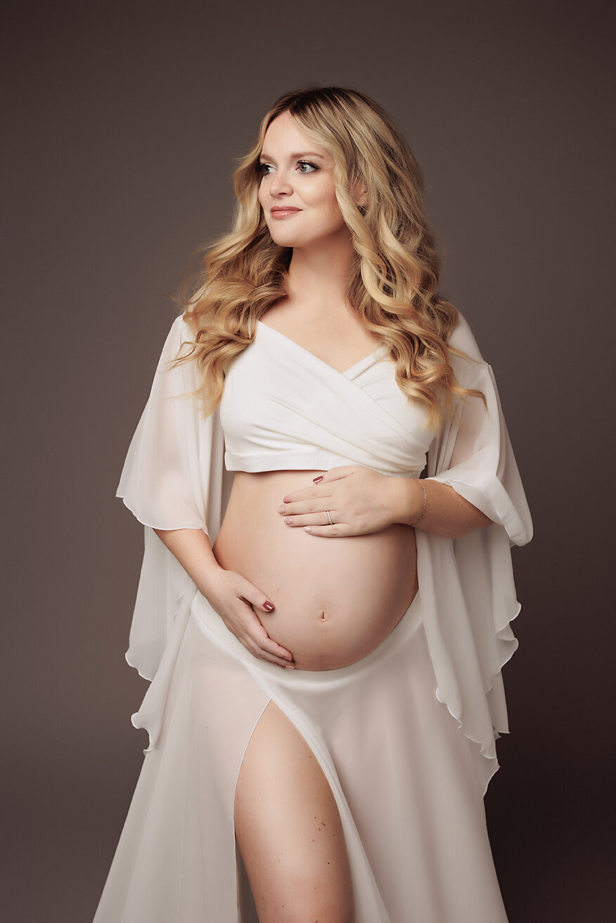 magazine style maternity portrait with blonde mom to be