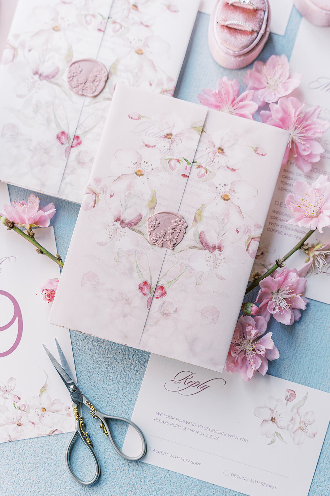 Cherry blossom pink wedding invitation 6