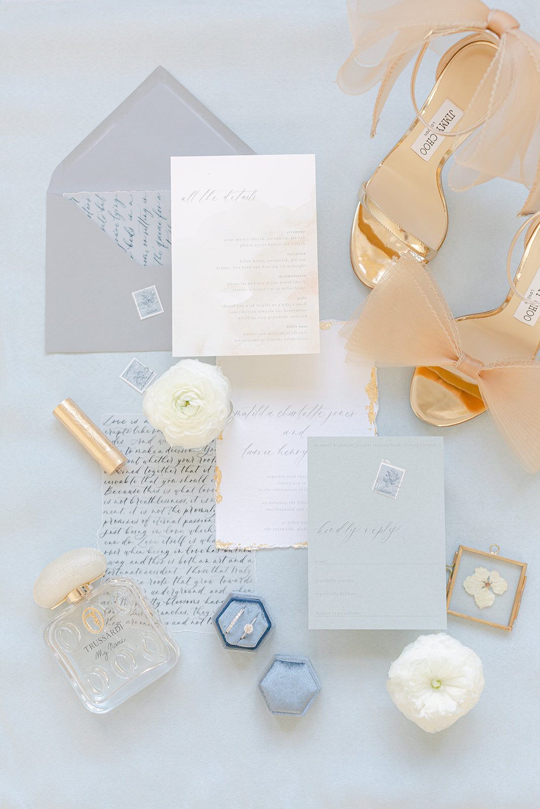 1  - Written by Emily - Wedding Stationary Planner - Maila Enea Event Planner - Jimmy Choo Bridal Bow Gold Shoes - Gucci Rouge a Levres Satin Lipstick - Trusardi Parfume - Swarovski Engagement Constella Ring - Lonon - Joana Senkute Photography