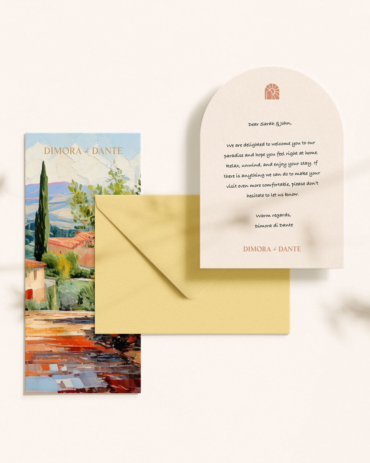 Welkomstkaart en illustratie voor Dimora di Dante – Klantgerichte hospitality branding