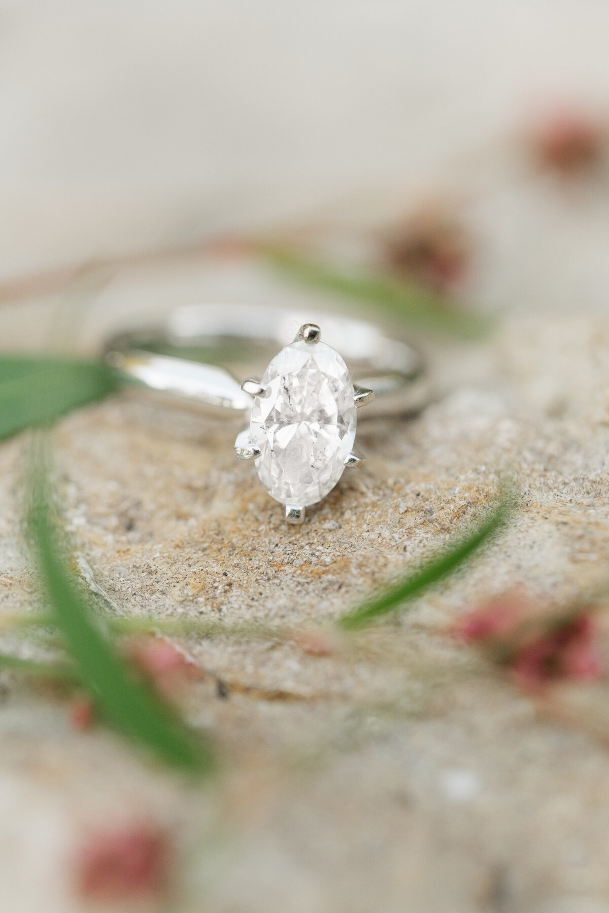 oval ring with white gold band sitting on rock