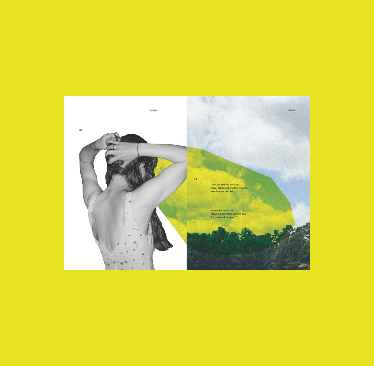 A woman tying her hair with a background of green trees and a cloud-filled sky. Text reads: “Just grazed the surface, now I imprint on surfaces, copying my own self...” Split composition with grayscale portrait and colorful landscape.