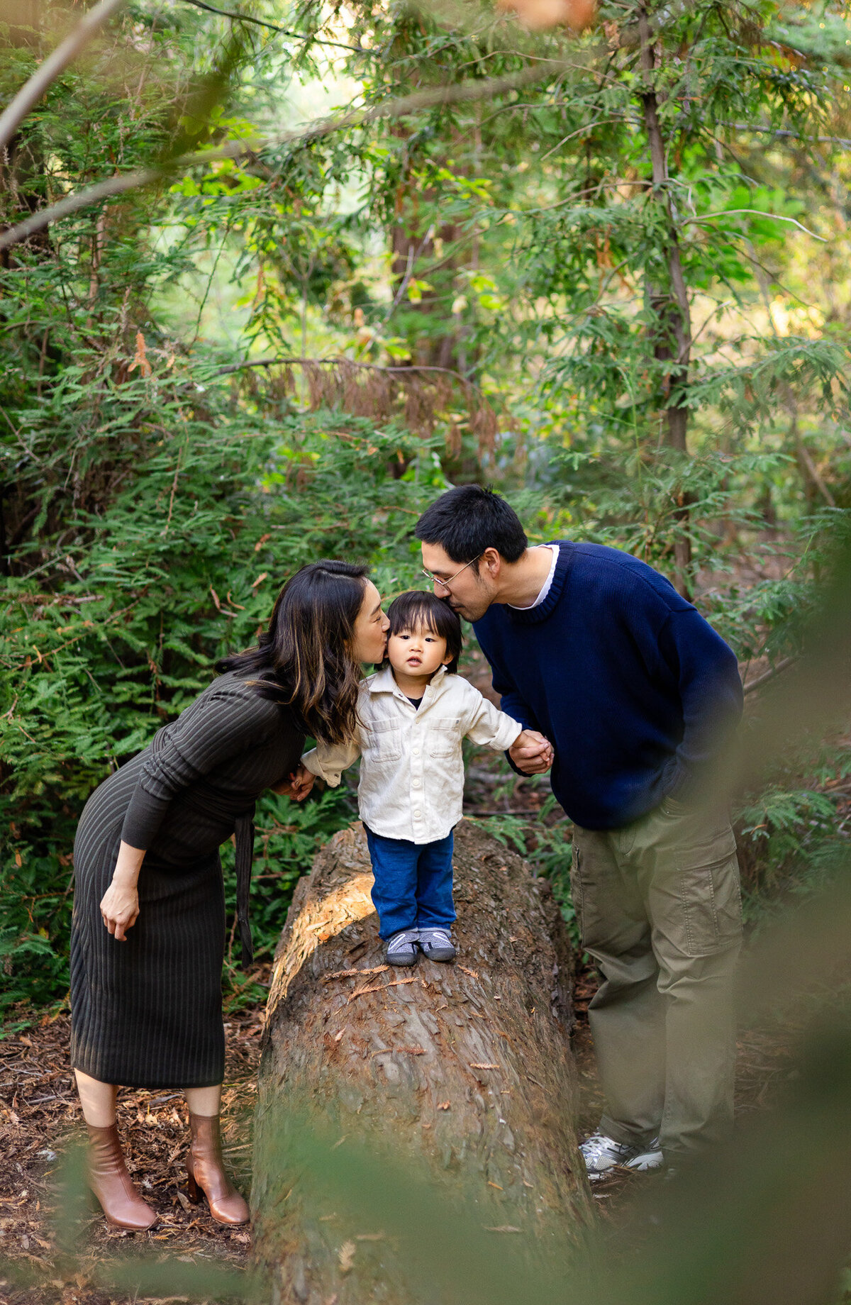 Parents kissing toddler on a log in redwood forest – Bay Area Family Portfolio | Ellobelle Photography