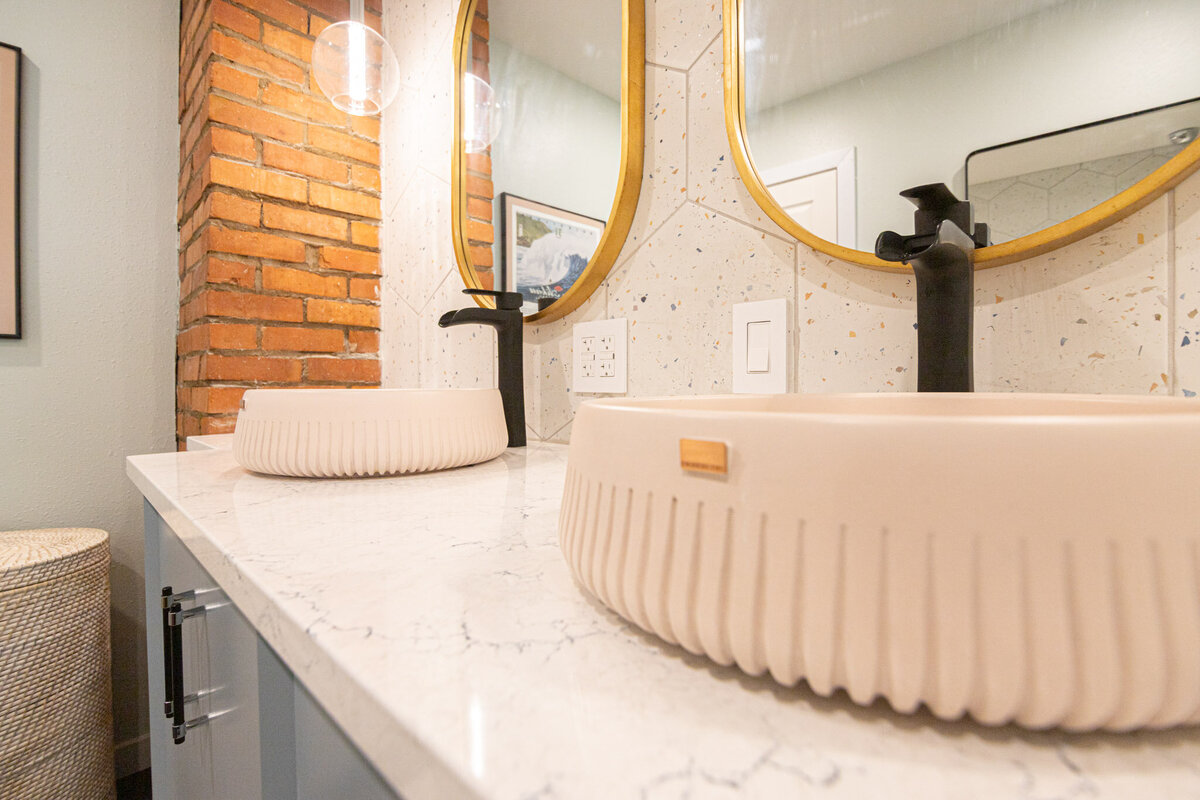 pink sinks in bathroom remodel