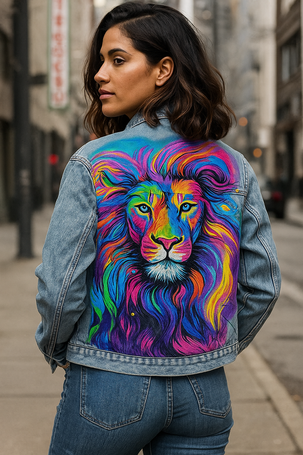Vibrantly colorful Lion Custom Painted one-of-one Jean Jacket