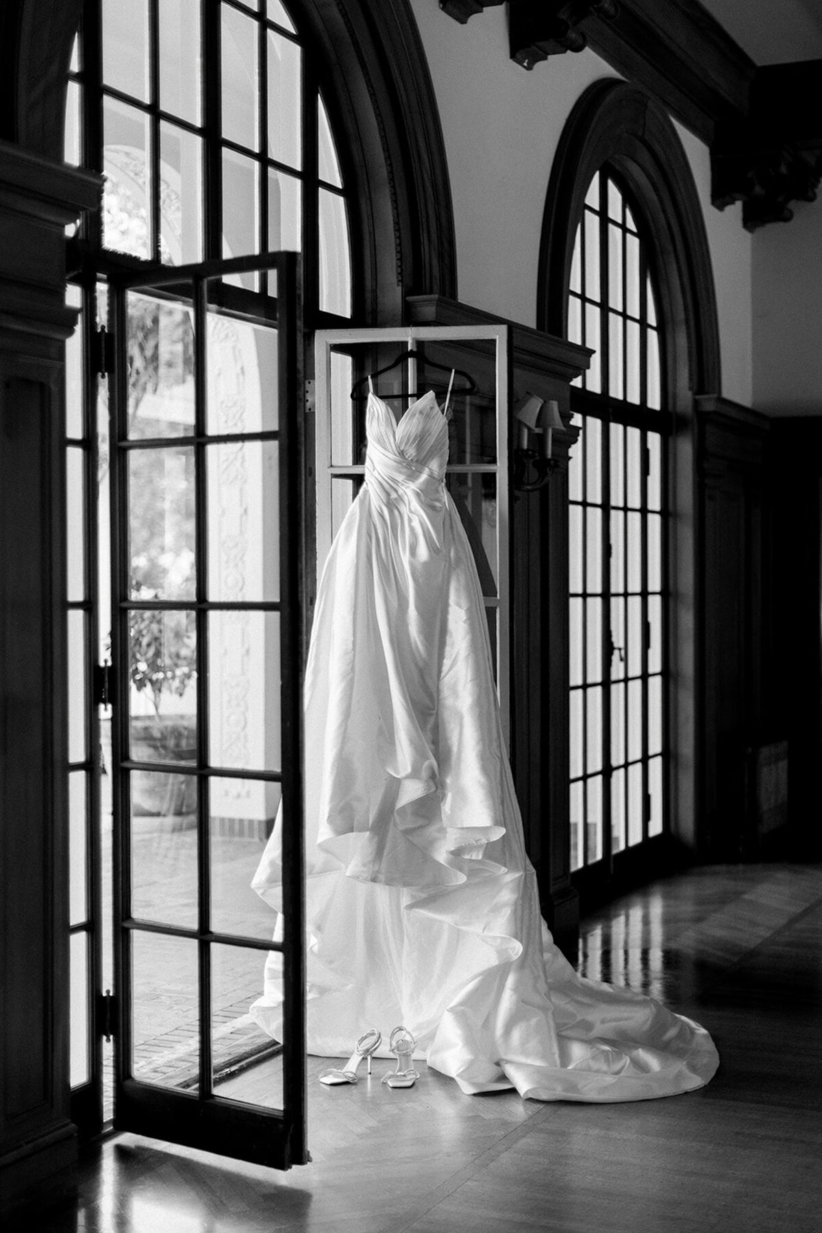 wedding dress hanging at Villa Montalvo