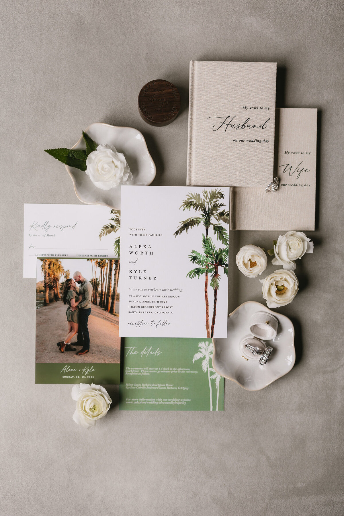 Wedding flatlay with invitation, jewelry and flowers
